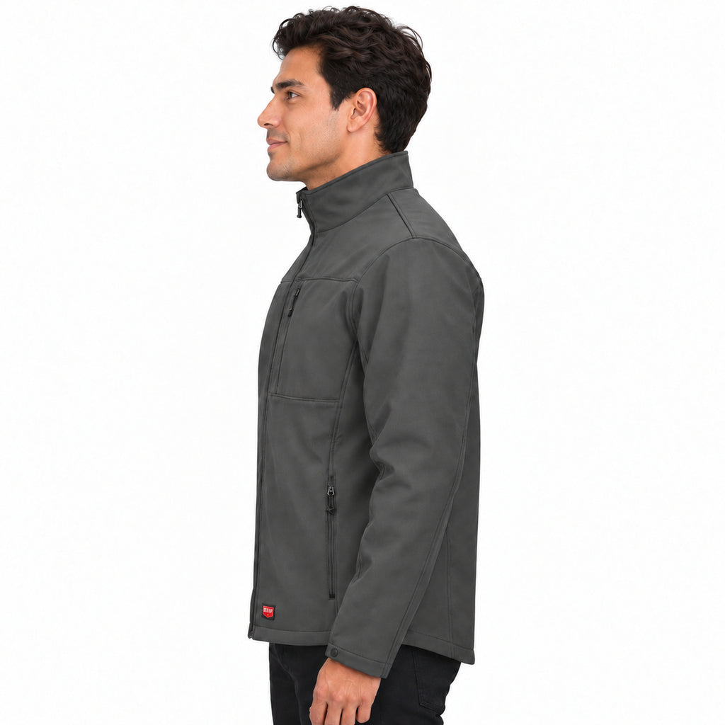 Red Kap JP68 chamarra softshell para hombre color gris Oxford, perfil izquierdo con modelo