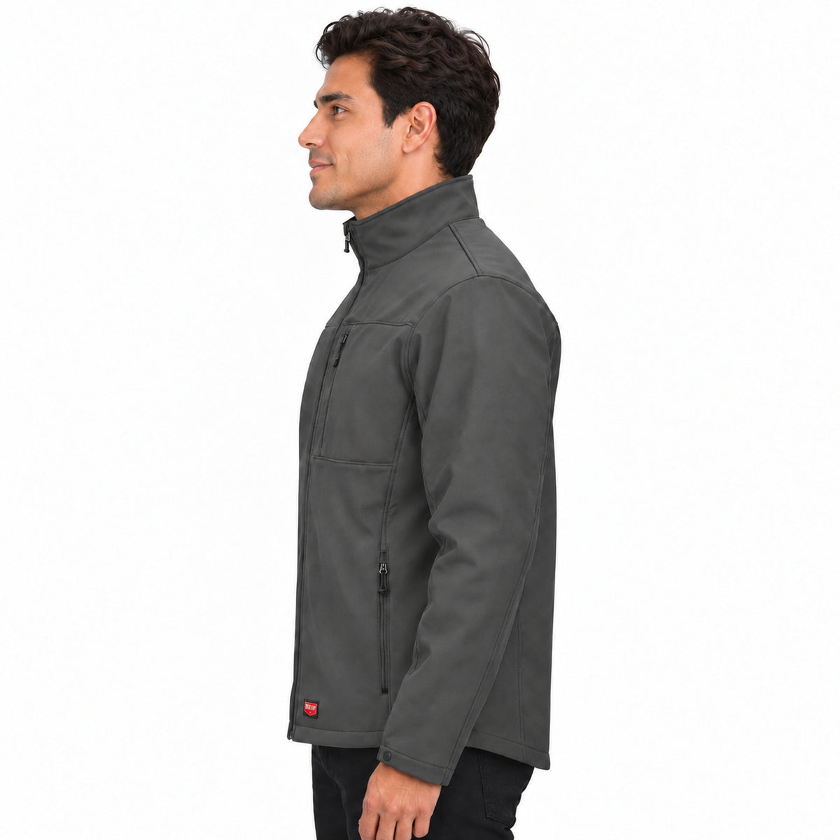 Red Kap JP68 chamarra softshell para hombre color gris Oxford, perfil izquierdo con modelo | color:gris-oxford