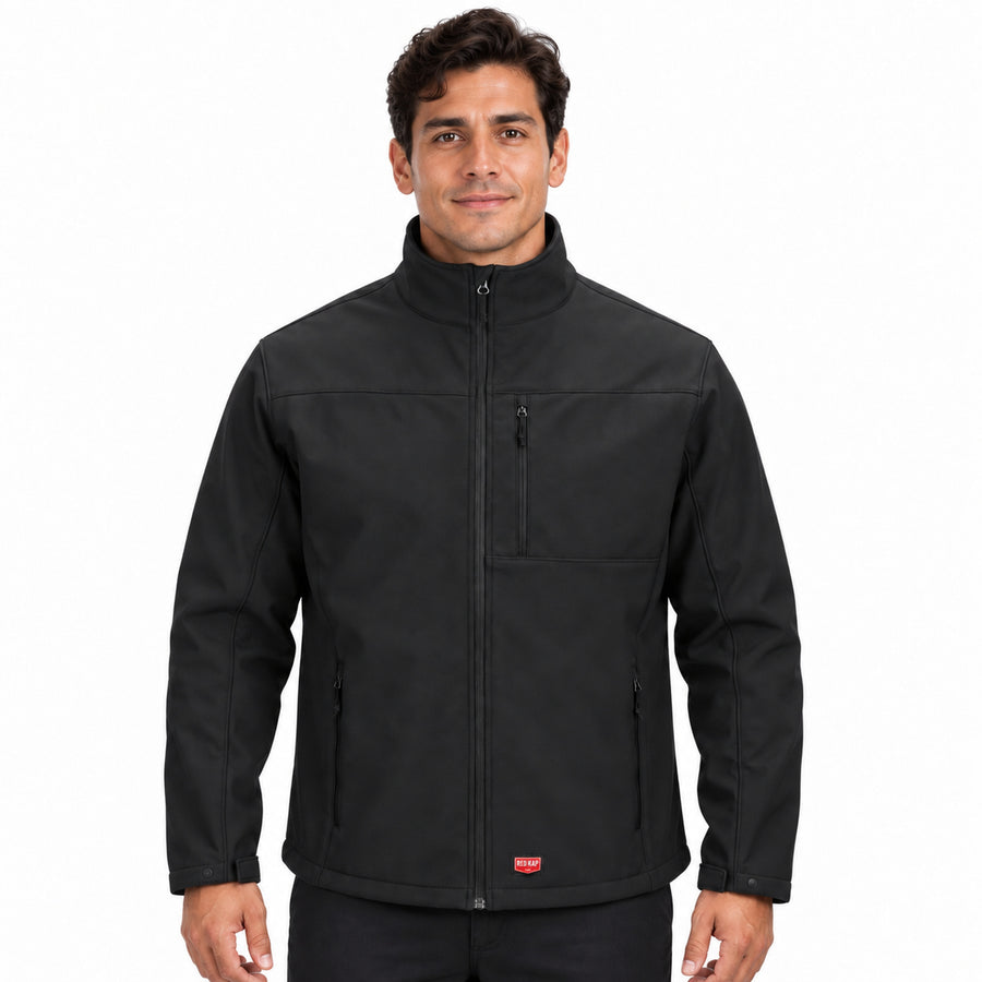 Red Kap JP68 chamarra softshell para hombre color negra, vista frontal con modelo | color:negra