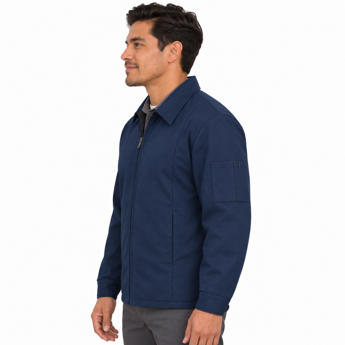Chamarra de trabajo Red Kap JT50 para hombre Azul marino, perfil izquierdo y bolsillo de manga | color:azul-marino