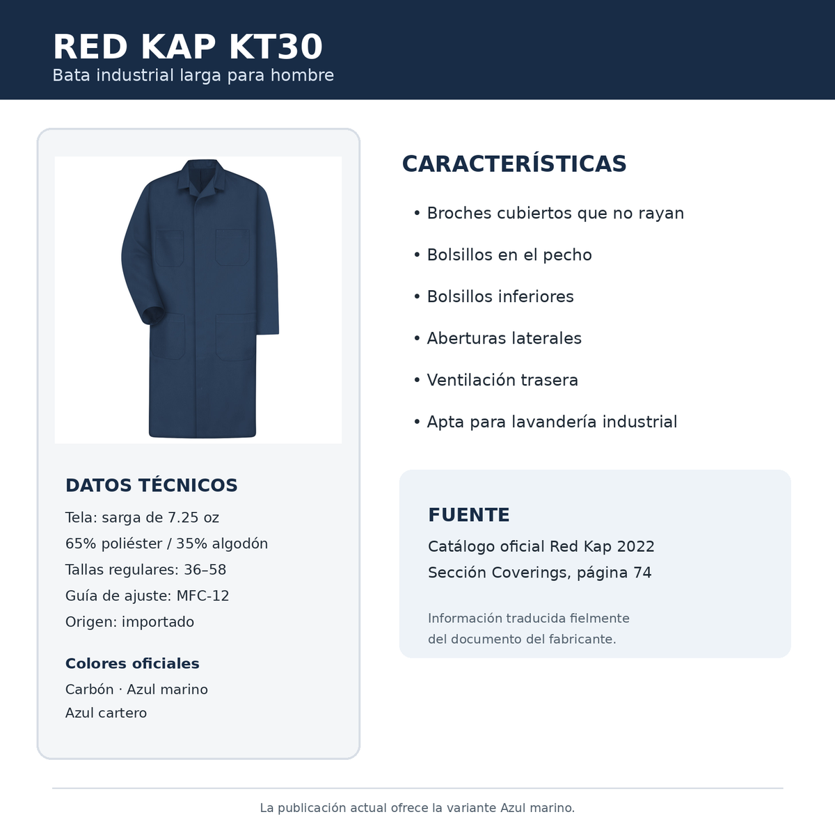 Ficha técnica de bata industrial Red Kap KT30 para hombre | color:todos