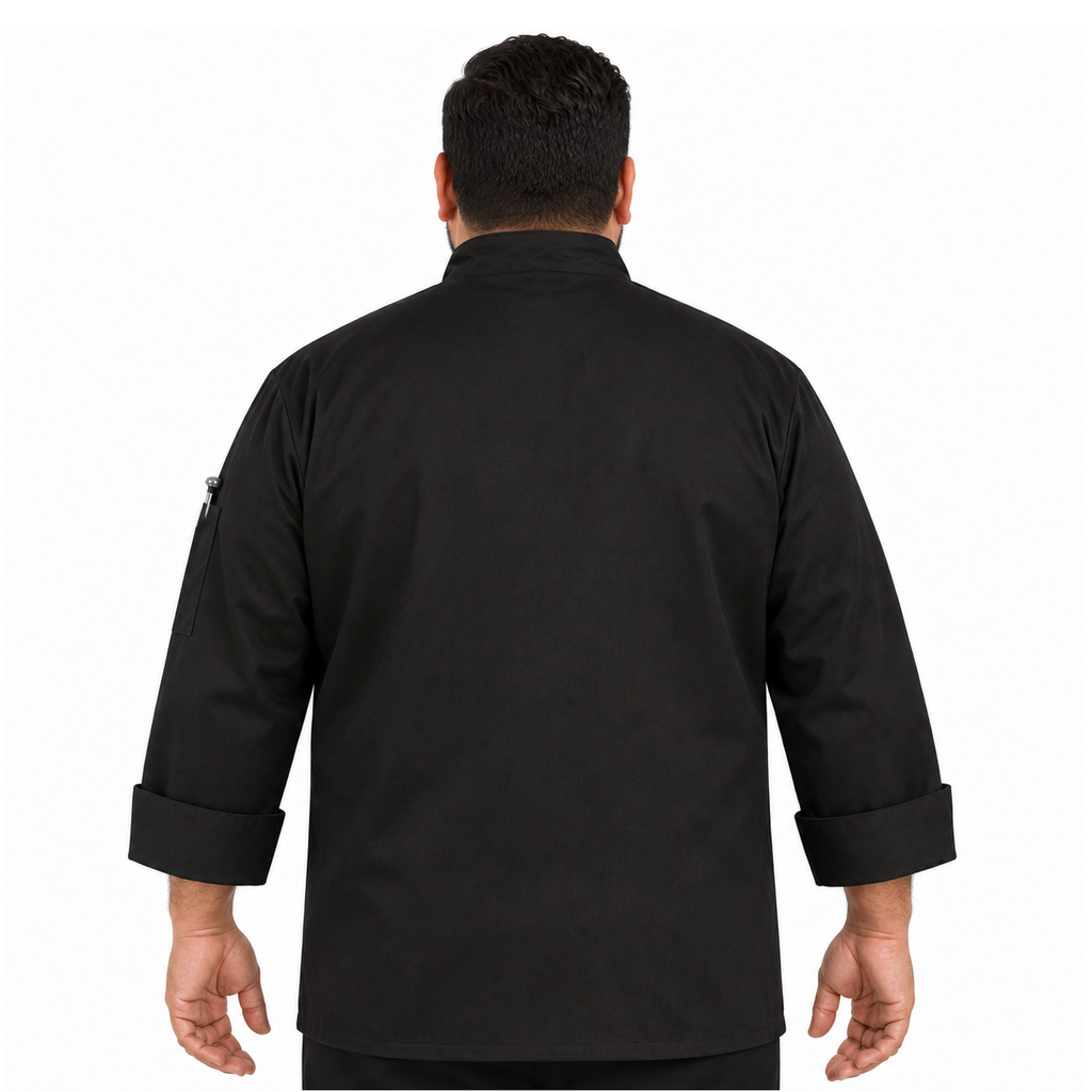 Filipina de chef Red Kap KT76 negra para hombre, vista posterior con modelo talla extra