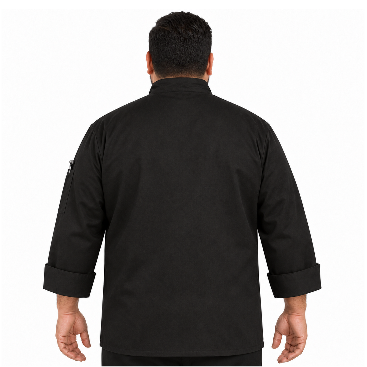 Filipina de chef Red Kap KT76 negra para hombre, vista posterior con modelo talla extra | color:negra