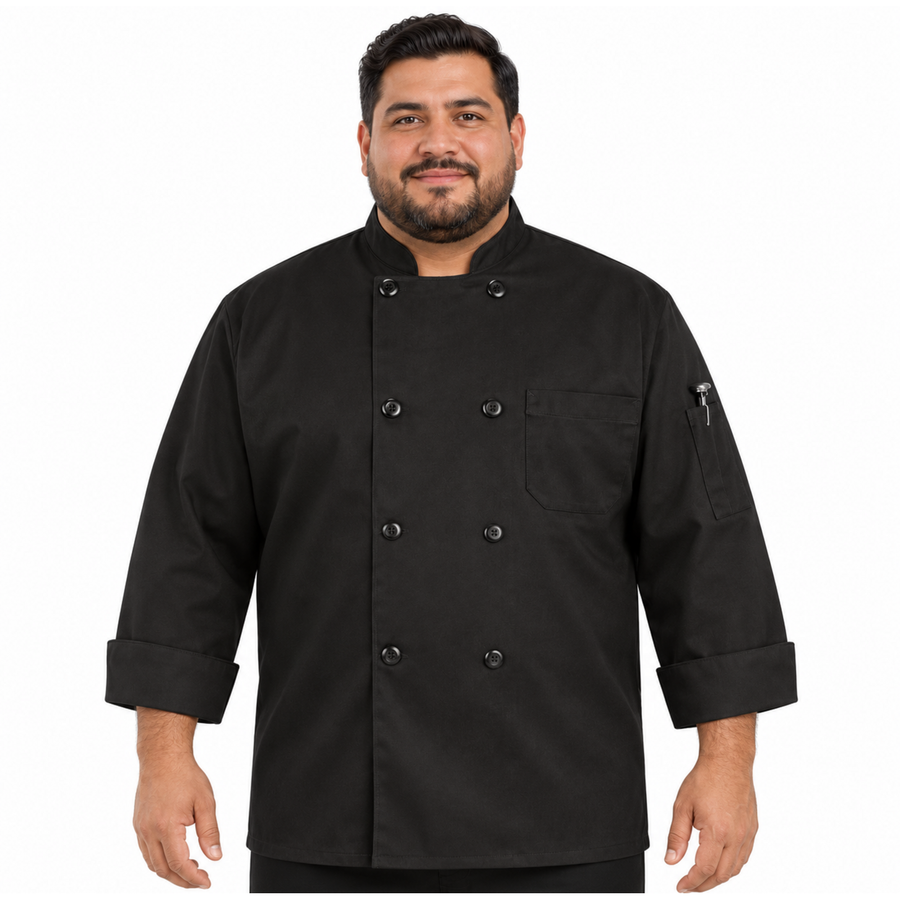 Filipina de chef Red Kap KT76 negra para hombre, vista frontal con modelo talla extra | color:negra