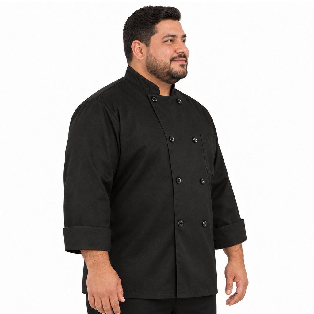 Filipina de chef Red Kap KT76 negra para hombre, perfil derecho con modelo talla extra