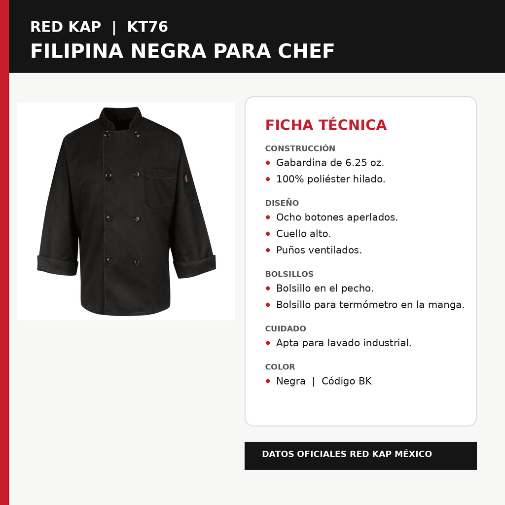 Ficha técnica de filipina de chef Red Kap KT76 para hombre