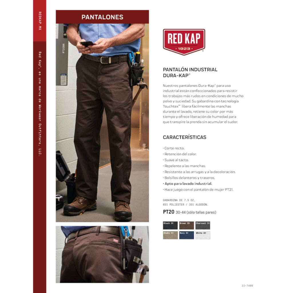 Ficha técnica del pantalón industrial Red Kap PT20 para hombre