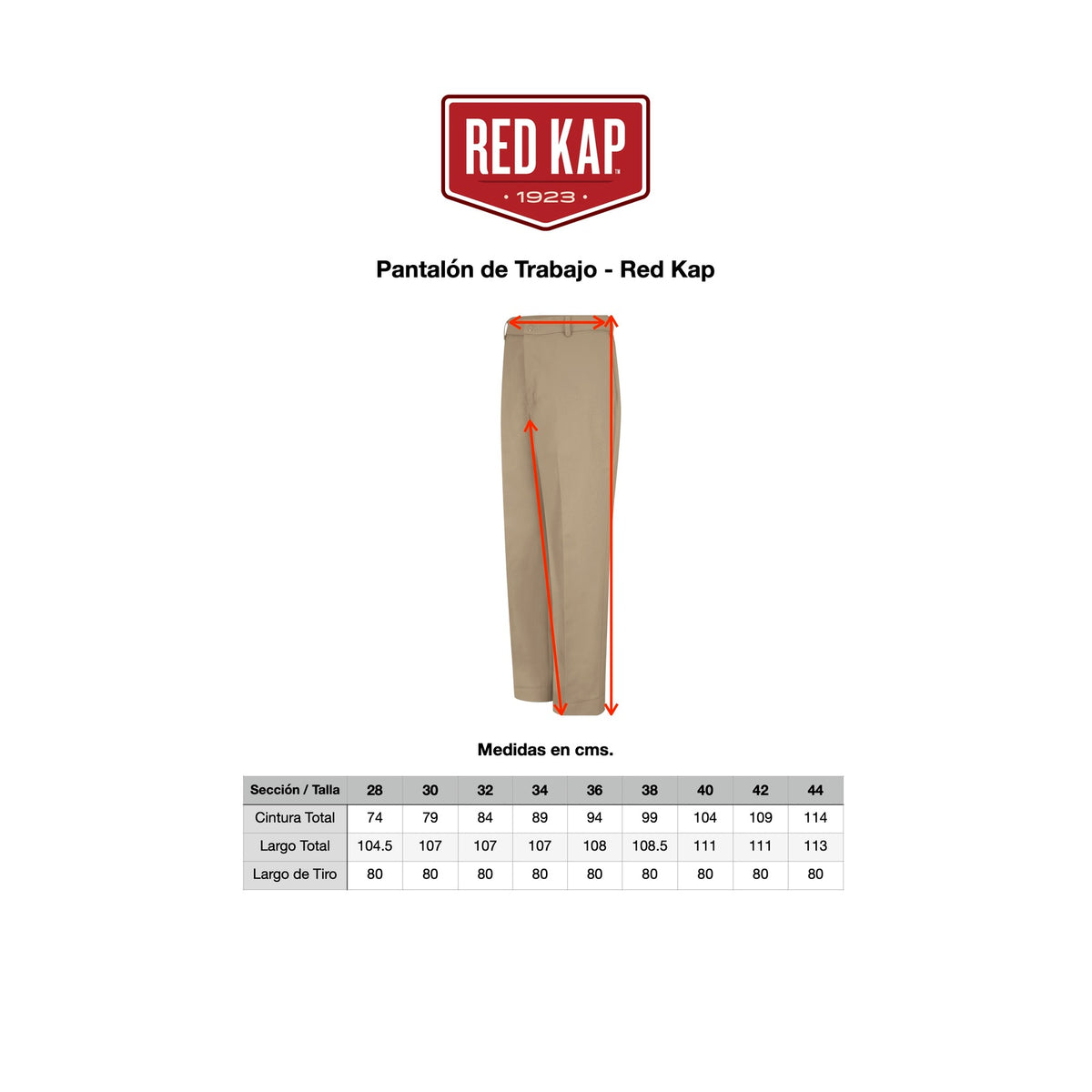 Tabla de medidas Red Kap PT20 pantalón de trabajo para hombre | color:todos