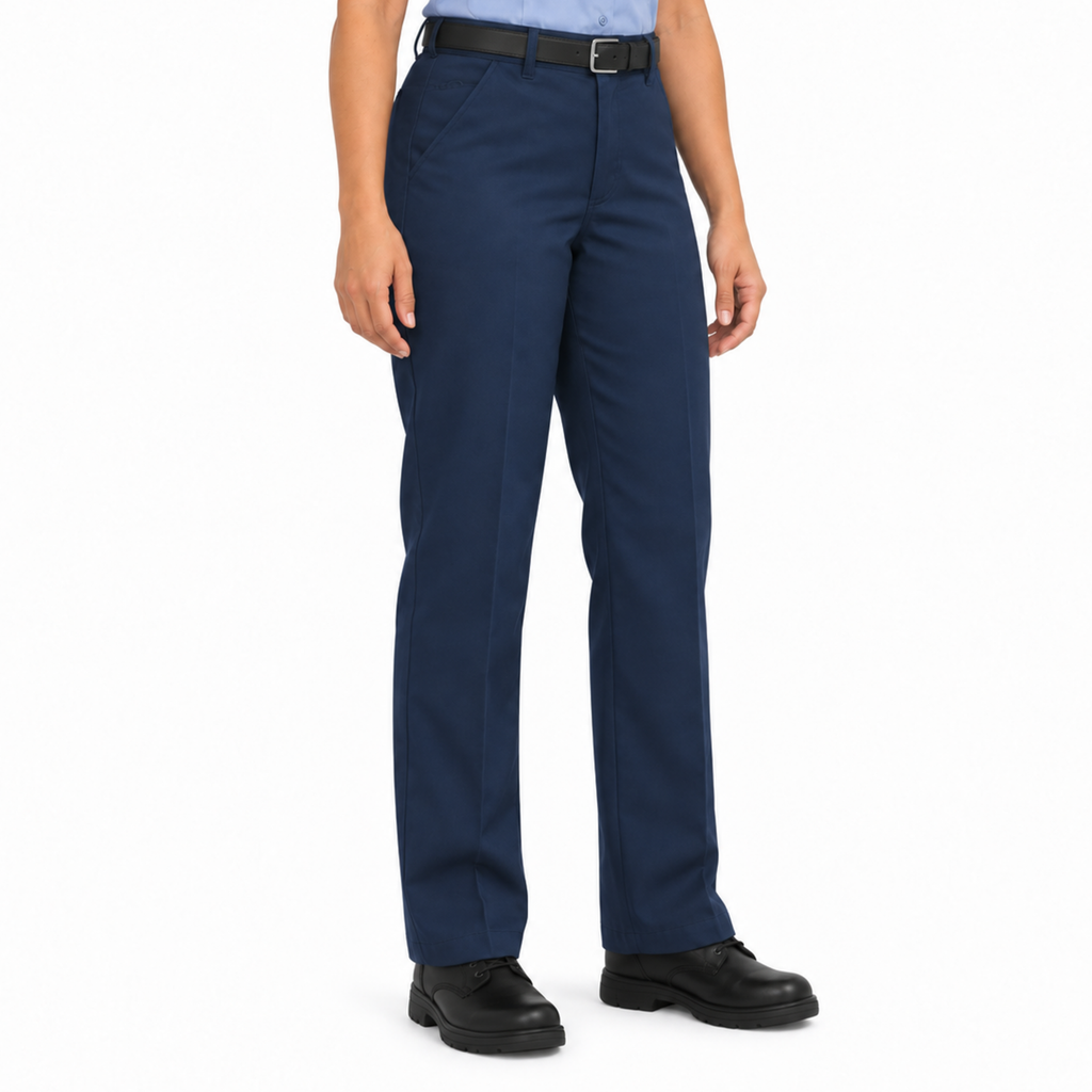 Pantalón industrial de mujer Red Kap PT21 azul marino, vista tres cuartos con modelo