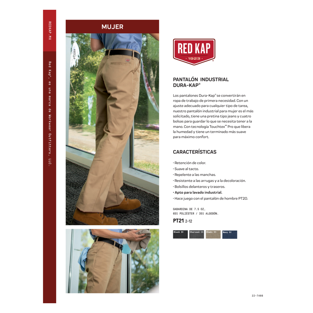Ficha técnica del pantalón industrial de mujer Red Kap PT21 con características y colores
