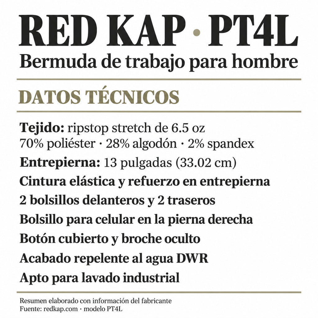 Bermuda de trabajo Red Kap PT4L para hombre Khaki, ficha tecnica