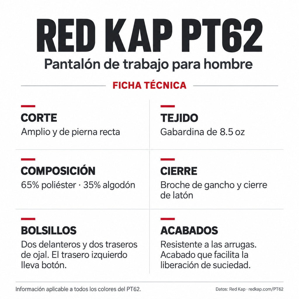 Red Kap PT62 pantalón de trabajo para hombre tallas extra 52–56, ficha técnica