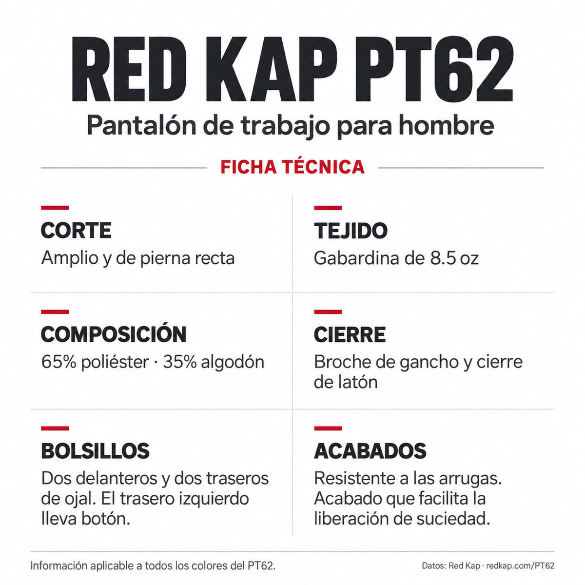 Red Kap PT62 pantalón de trabajo para hombre tallas extra 52–56, ficha técnica | color:todos