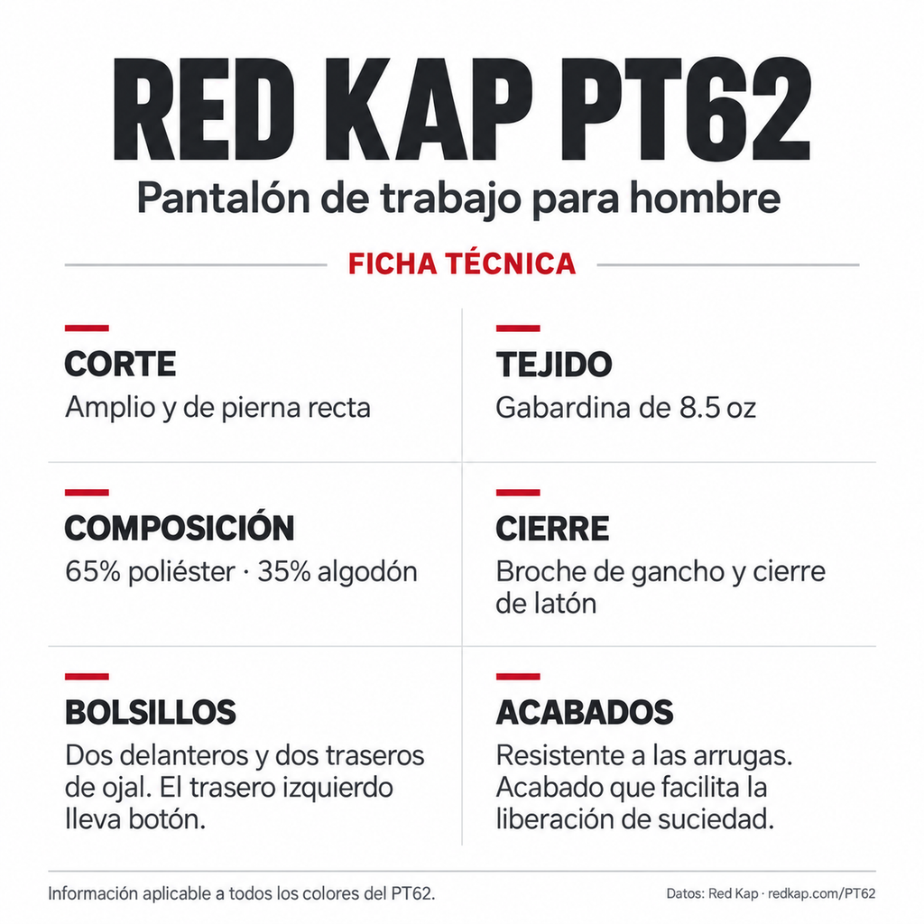 Red Kap PT62 pantalón de trabajo para hombre tallas extra, ficha técnica