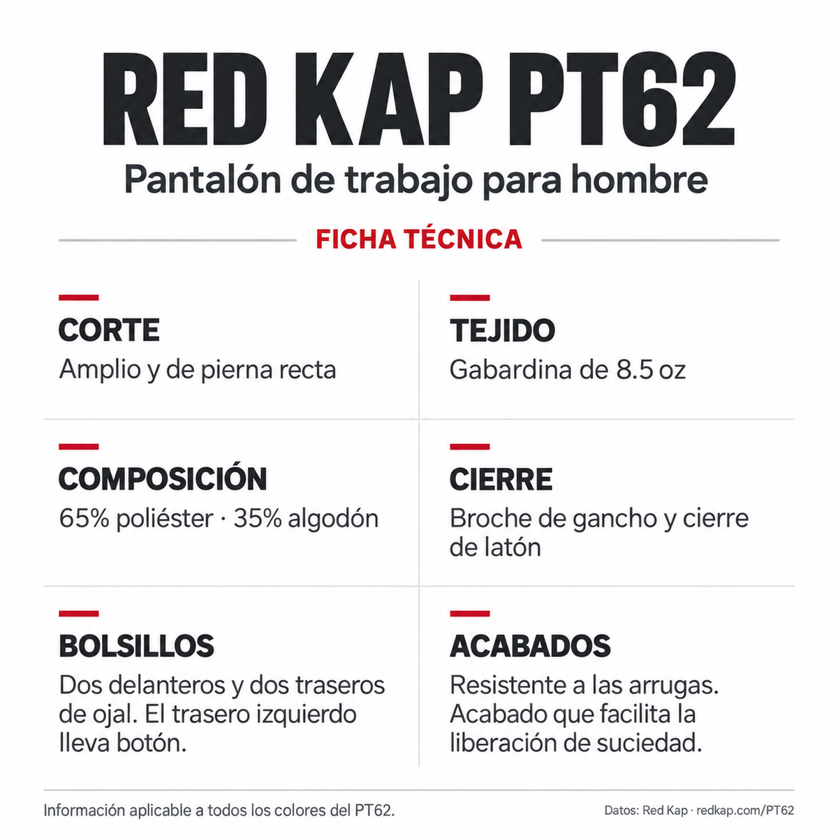 Red Kap PT62 pantalón de trabajo para hombre tallas extra, ficha técnica | color:todos