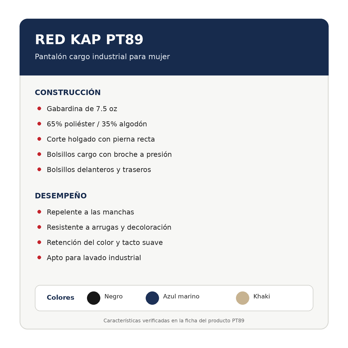 Ficha técnica Red Kap PT89 pantalón cargo industrial para mujer | color:todos