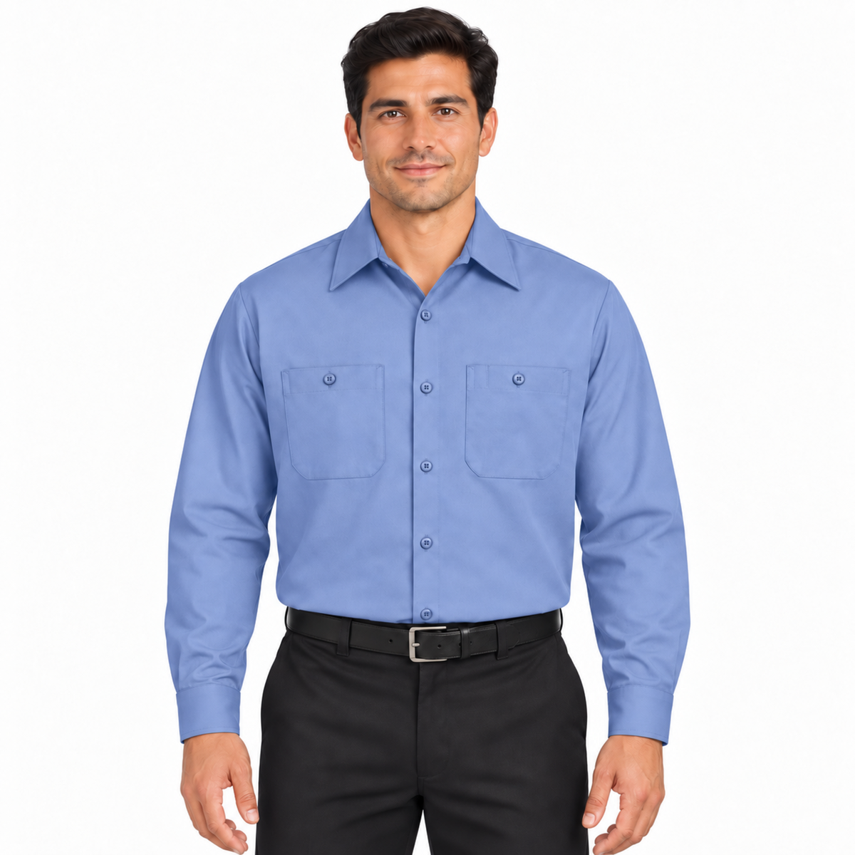 Camisa Red Kap SC30 para hombre azul cielo, vista frontal fajada en modelo | color:azul-cielo