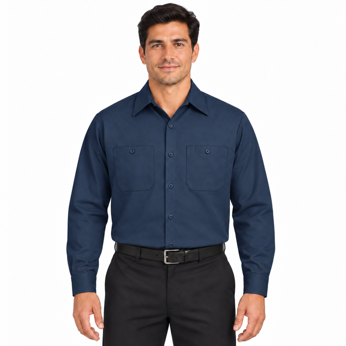 Camisa Red Kap SC30 para hombre azul marino, vista frontal fajada en modelo | color:azul-marino