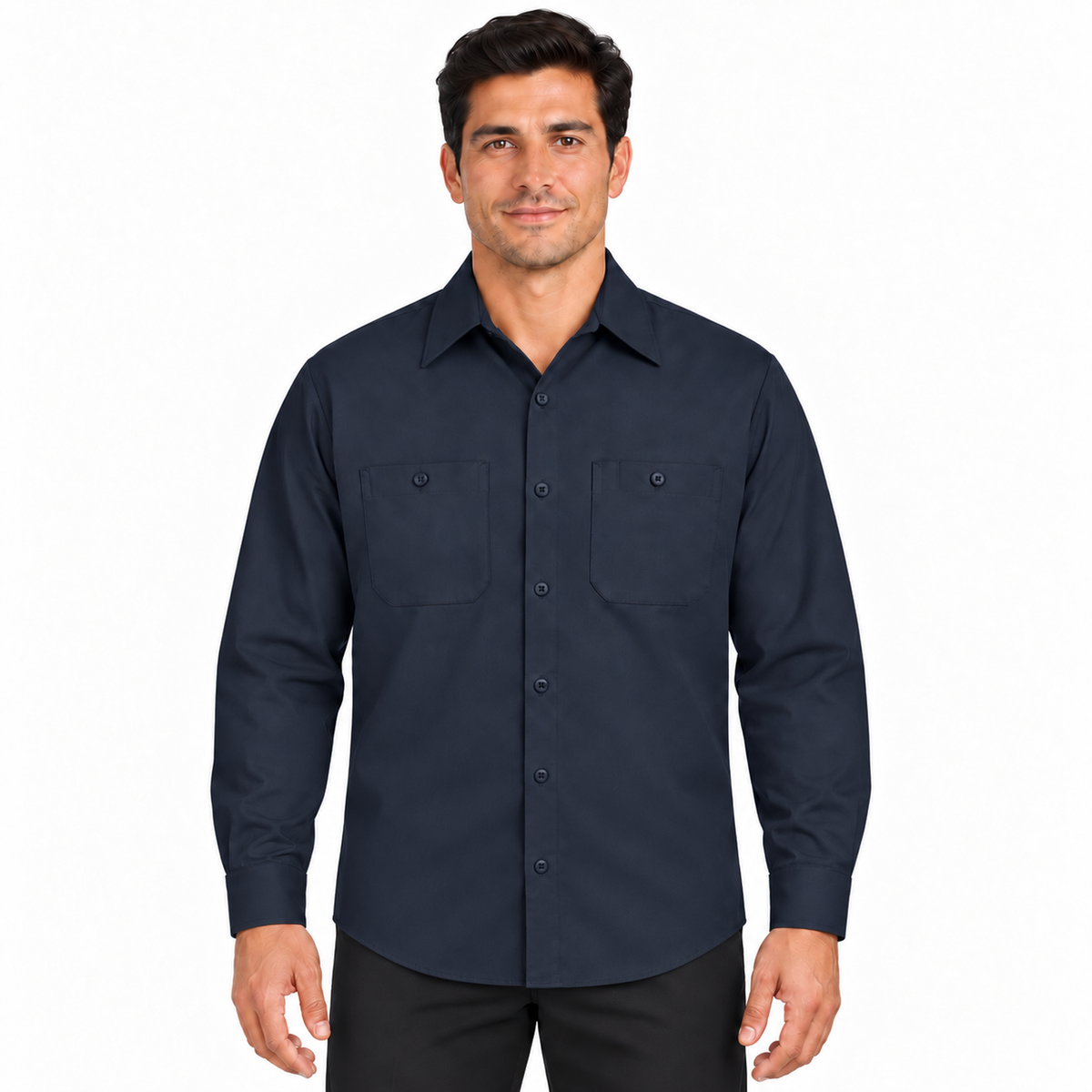 Camisa Red Kap SC30 para hombre azul marino oscuro, vista frontal desfajada en modelo | color:azul-marino-oscuro
