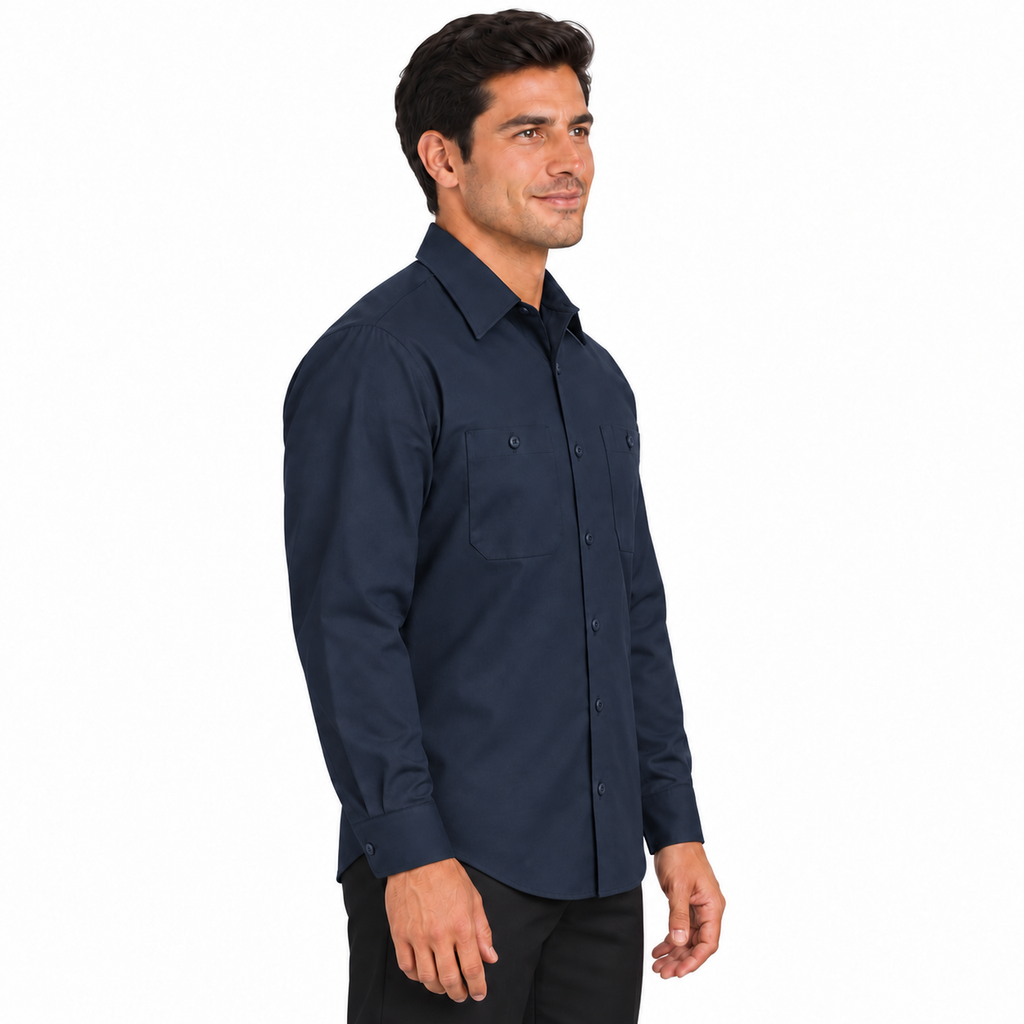 Camisa Red Kap SC30 para hombre azul marino oscuro, perfil derecho desfajada en modelo
