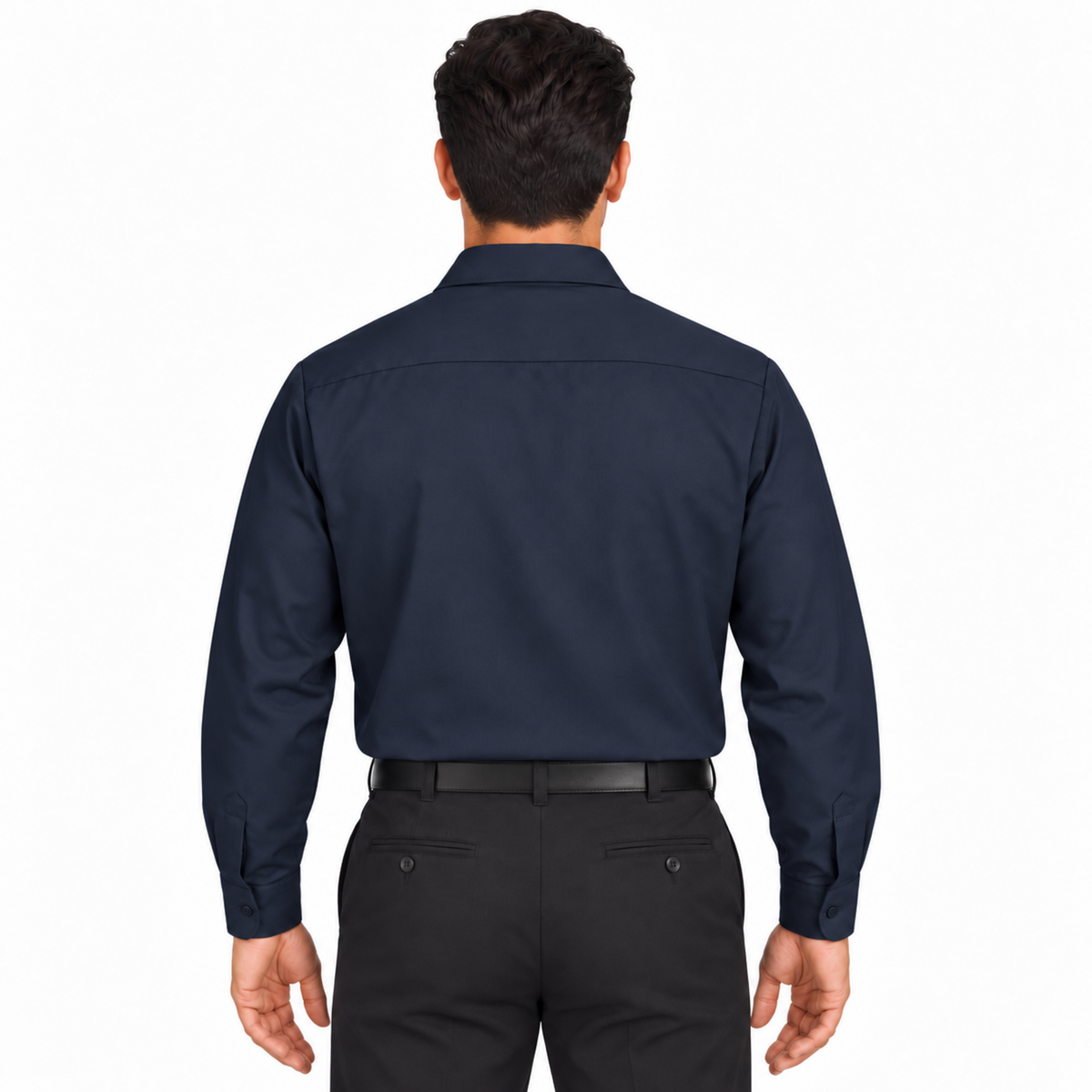 Camisa Red Kap SC30 para hombre azul marino oscuro, vista posterior fajada en modelo | color:azul-marino-oscuro