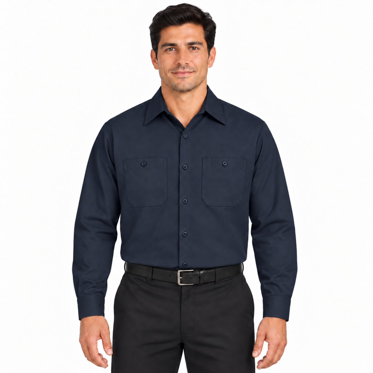 Camisa Red Kap SC30 para hombre azul marino oscuro, vista frontal fajada en modelo | color:azul-marino-oscuro