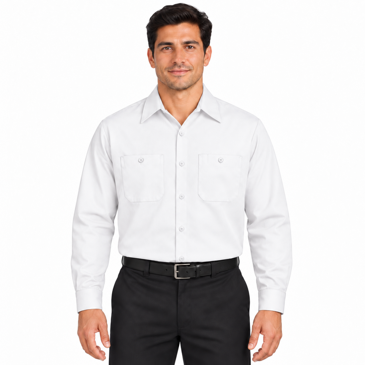 Camisa Red Kap SC30 para hombre blanca, vista frontal fajada en modelo | color:blanca