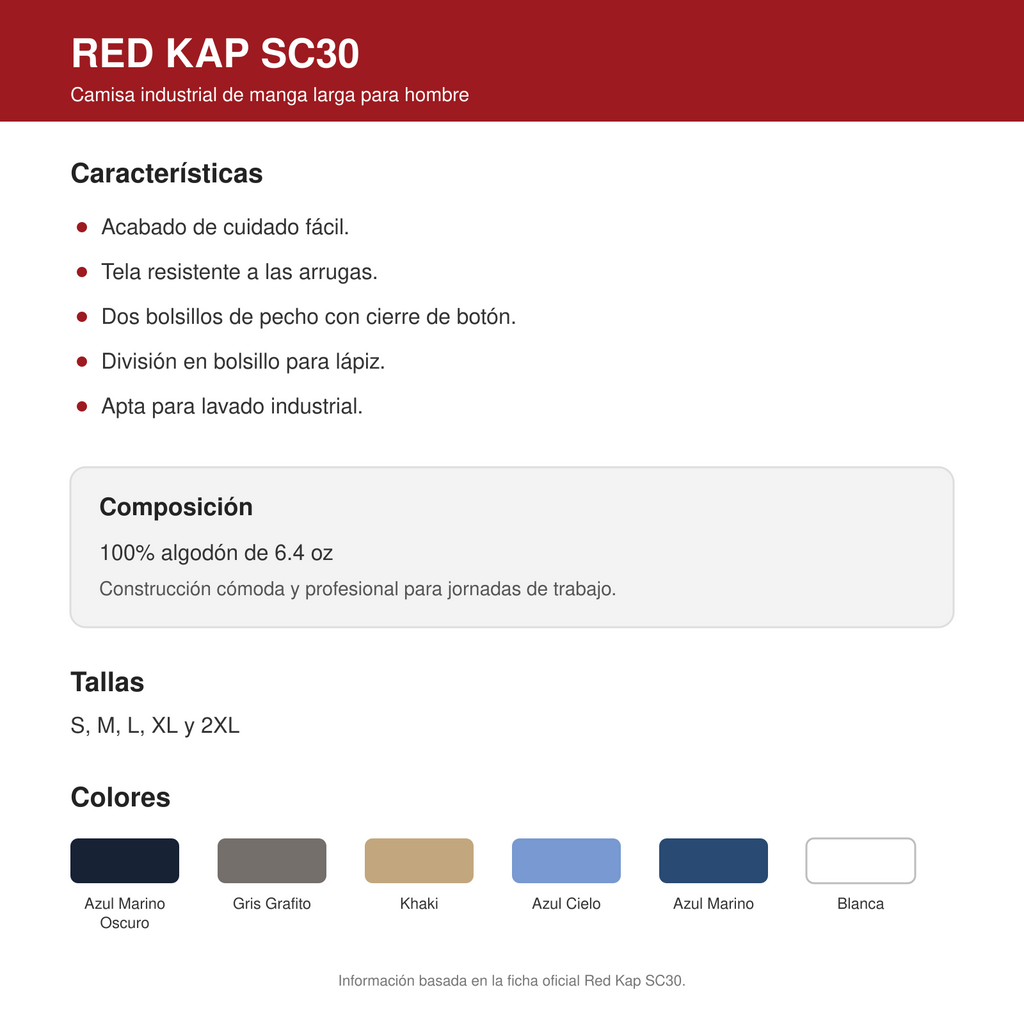 Ficha técnica de camisa Red Kap SC30 para hombre