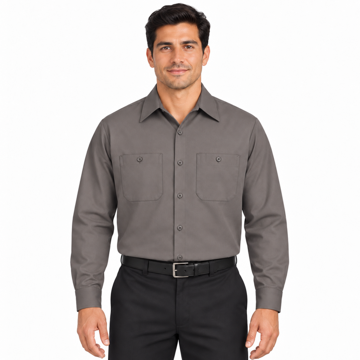 Camisa Red Kap SC30 para hombre gris grafito, vista frontal fajada en modelo | color:gris-grafito