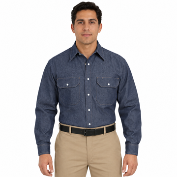 Camisa de mezclilla Red Kap SD78 para hombre azul marino, vista frontal fajada | color:azul-marino