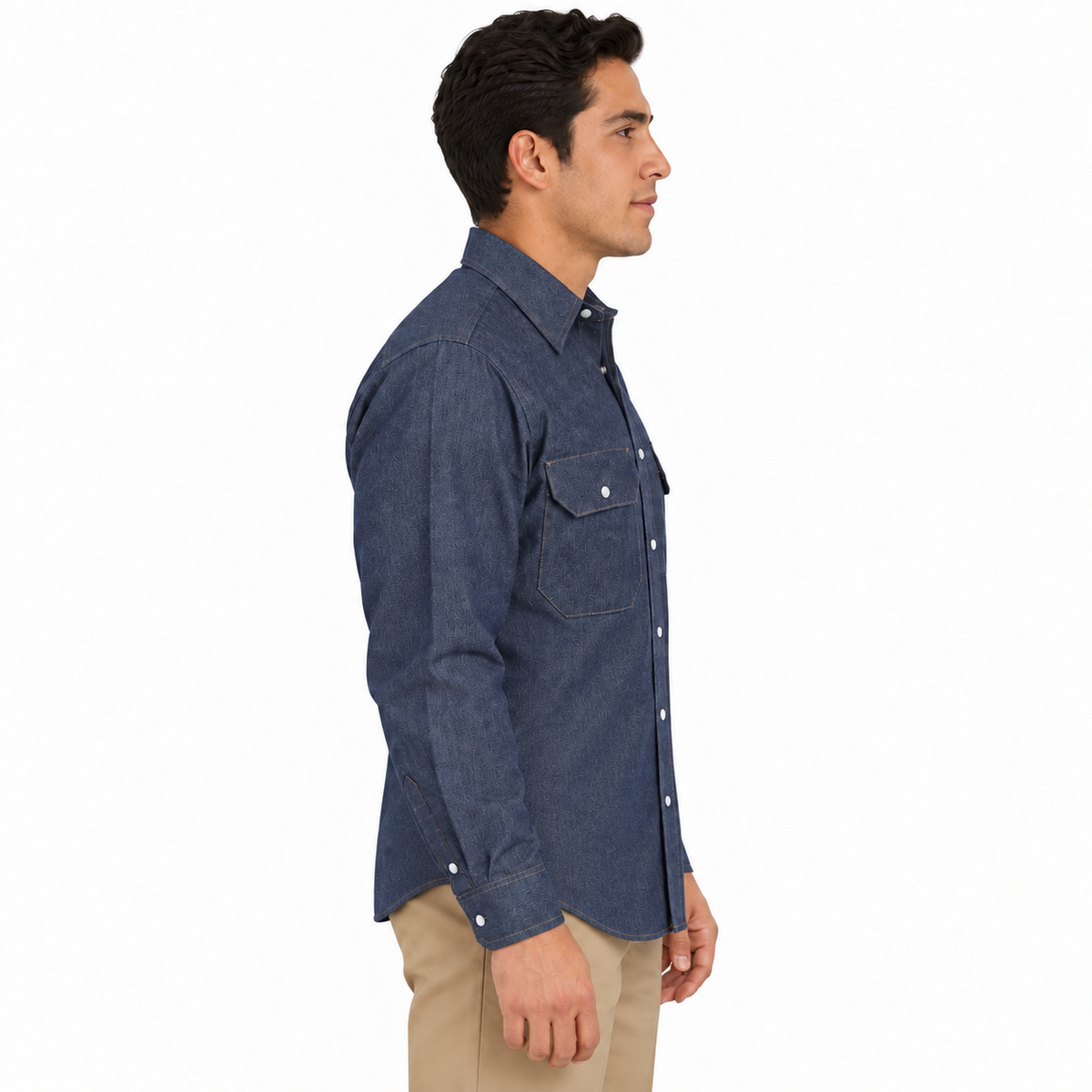 Camisa de mezclilla Red Kap SD78 para hombre azul marino, perfil derecho desfajada | color:azul-marino