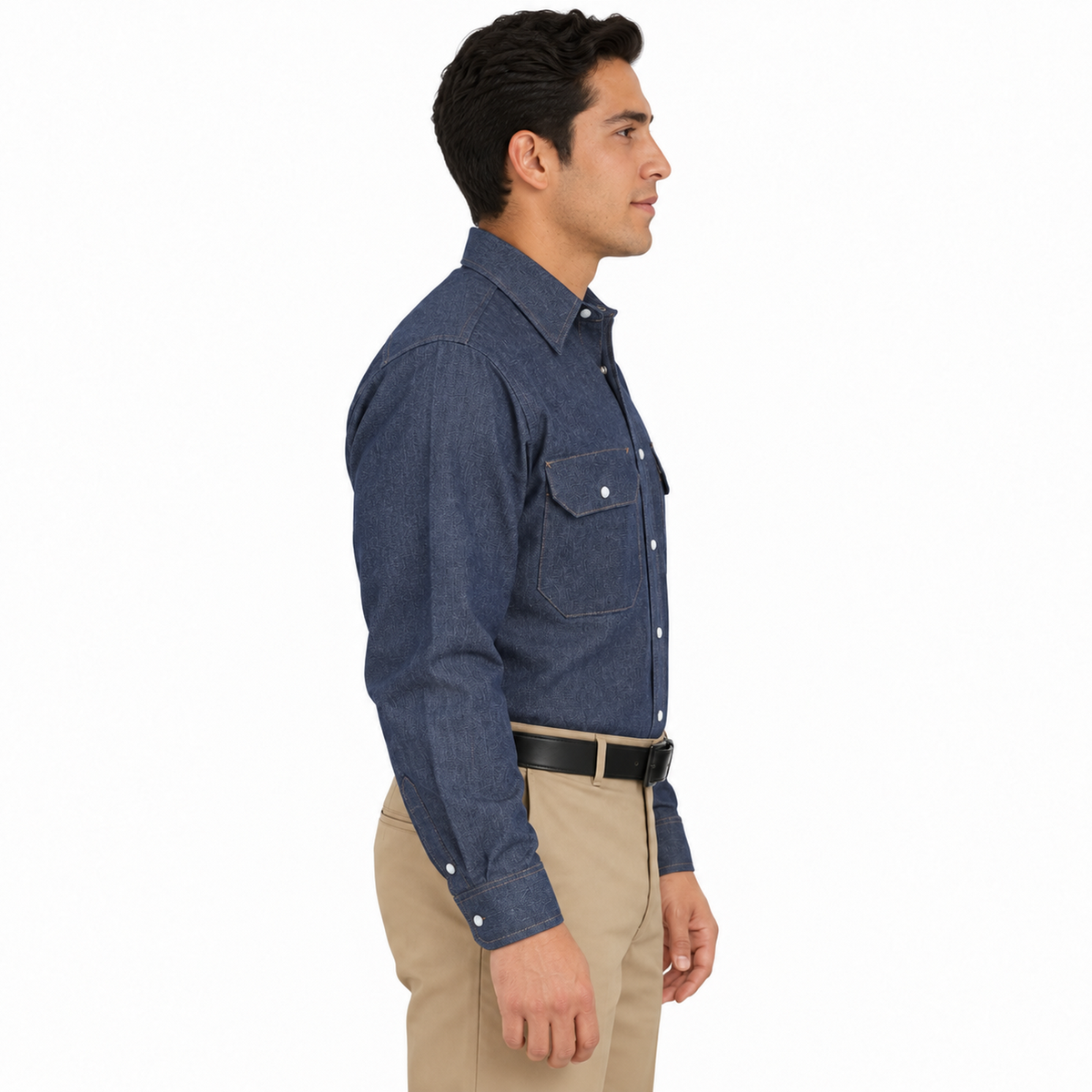 Camisa de mezclilla Red Kap SD78 para hombre azul marino, perfil derecho fajada | color:azul-marino