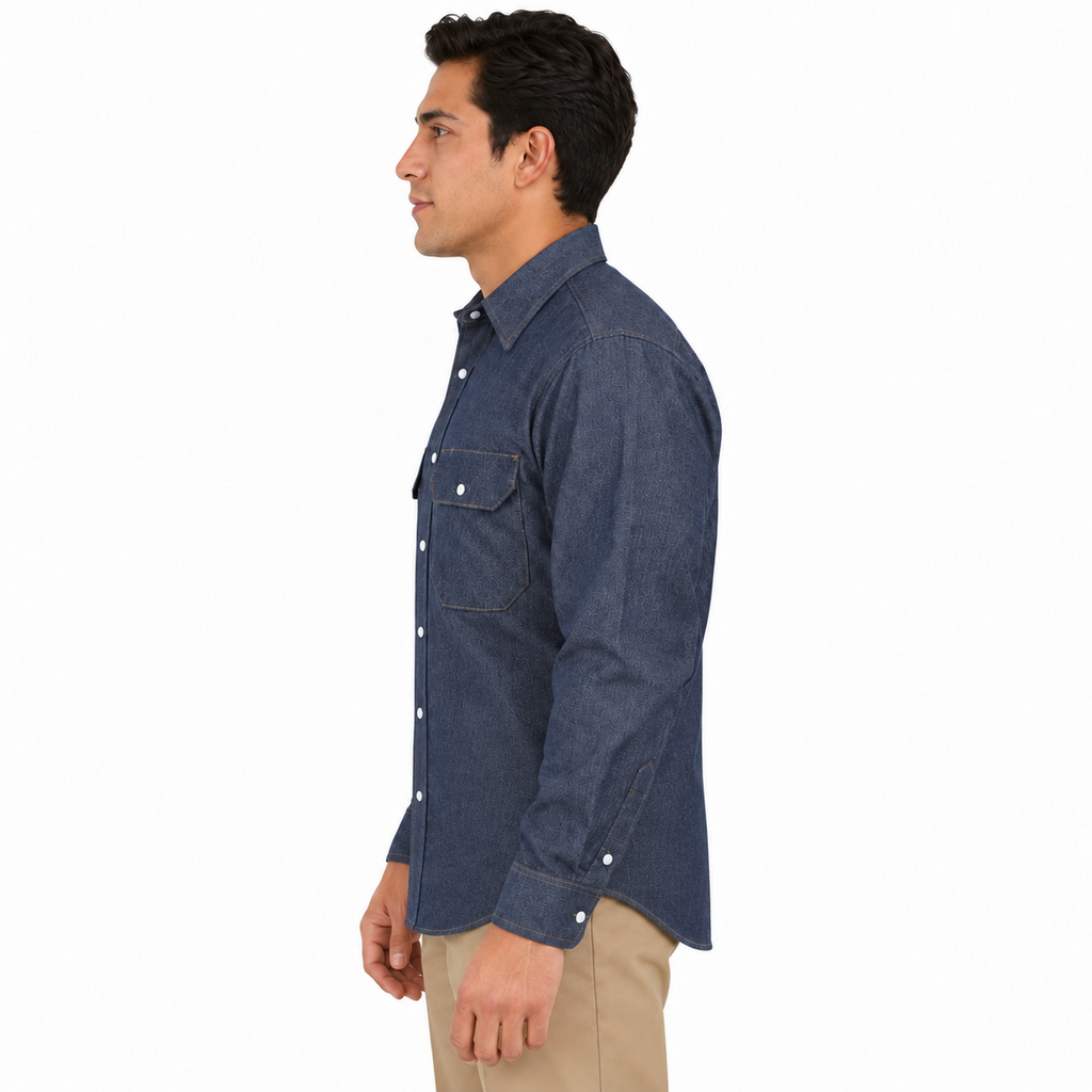 Camisa de mezclilla Red Kap SD78 para hombre azul marino, perfil izquierdo desfajada