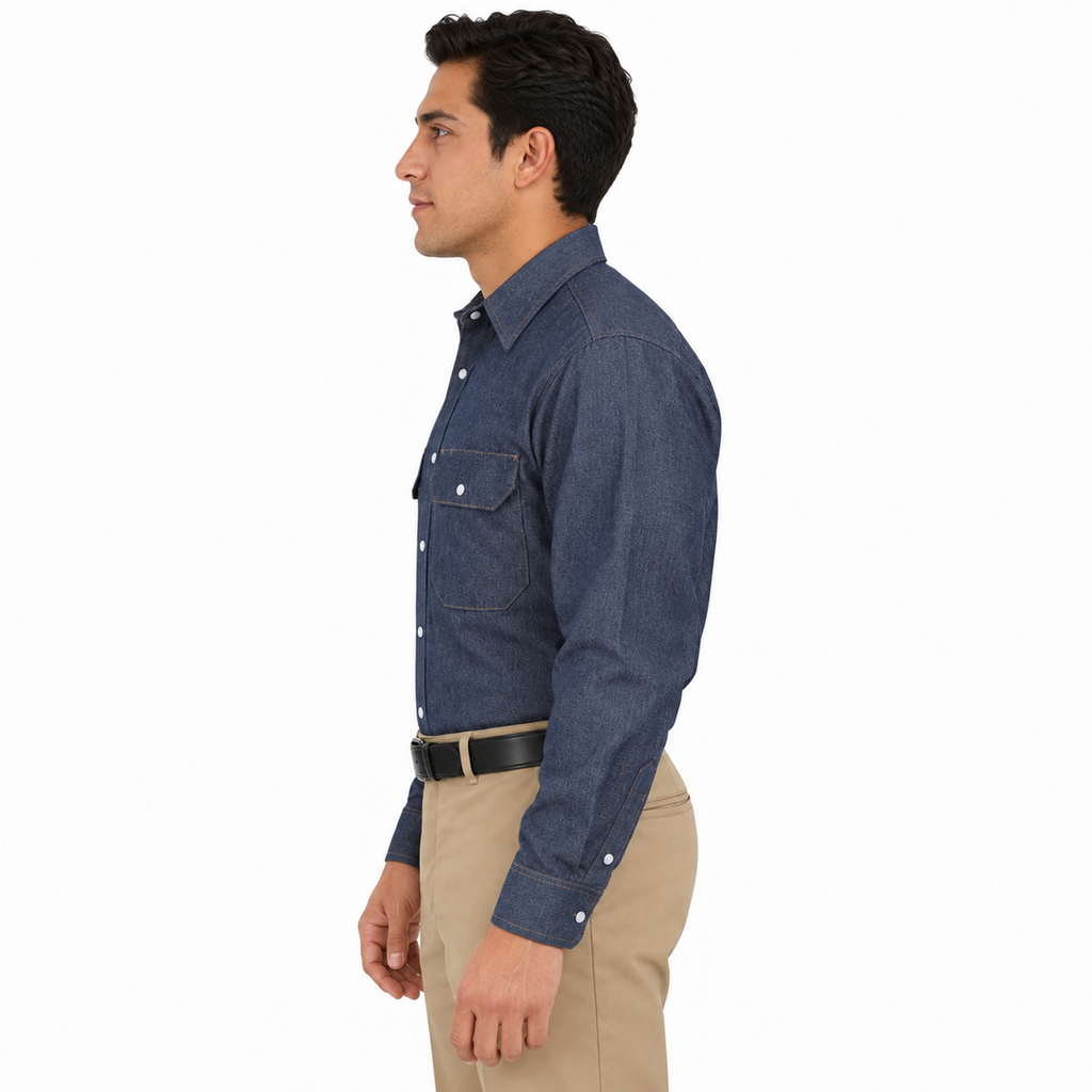 Camisa de mezclilla Red Kap SD78 para hombre azul marino, perfil izquierdo fajada