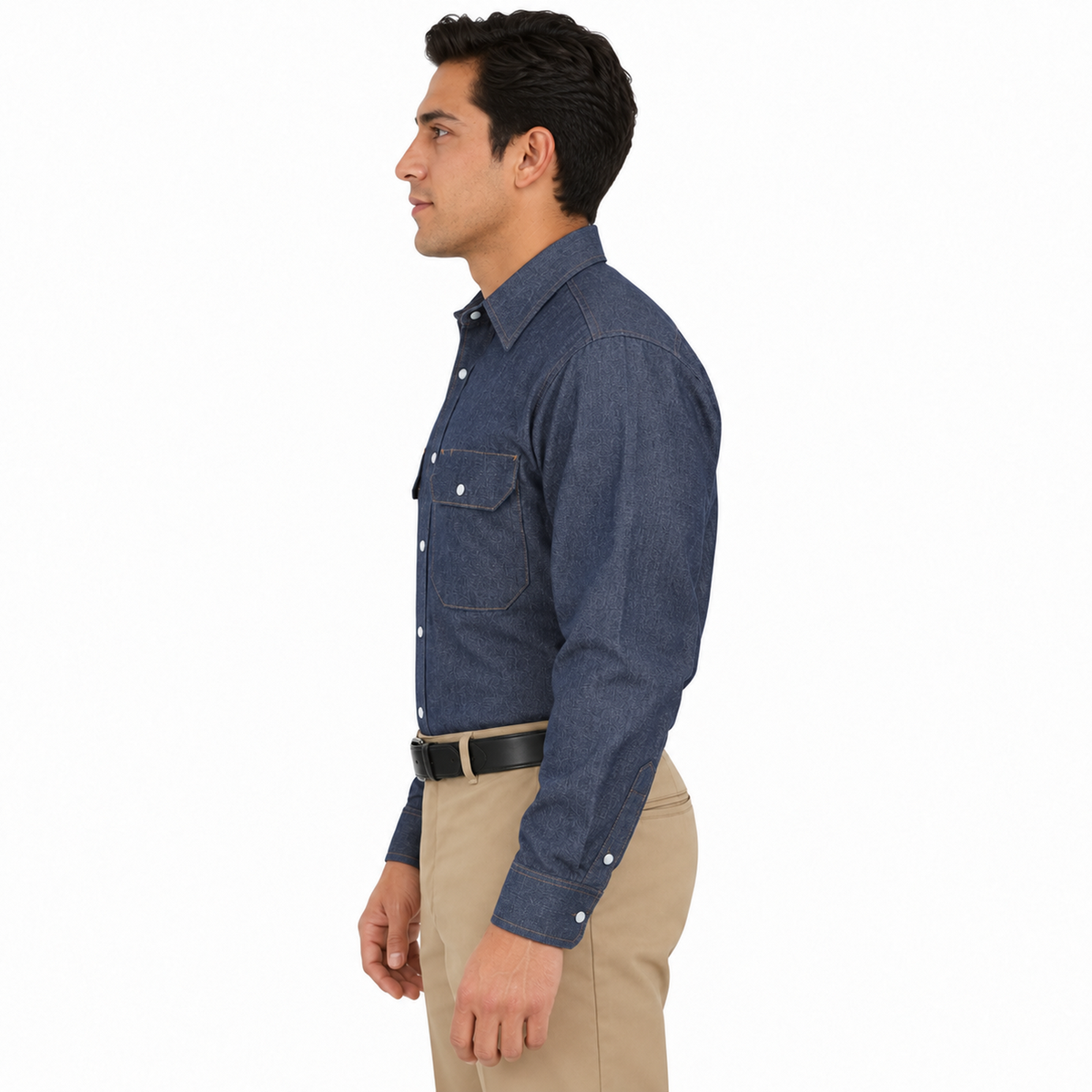 Camisa de mezclilla Red Kap SD78 para hombre azul marino, perfil izquierdo fajada | color:azul-marino
