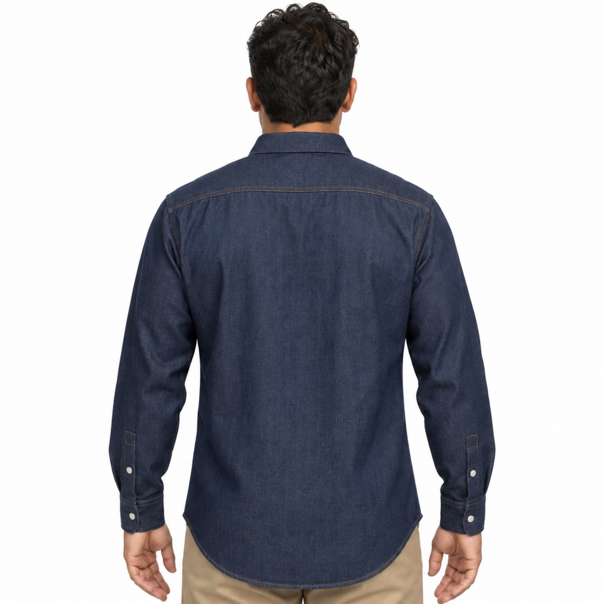 Camisa de mezclilla Red Kap SD78 para hombre azul marino, vista posterior desfajada | color:azul-marino