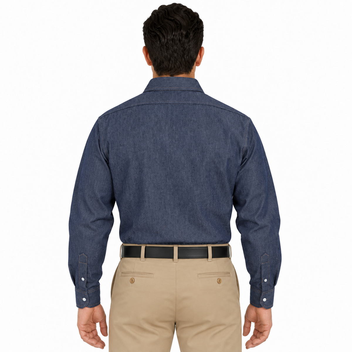 Camisa de mezclilla Red Kap SD78 para hombre azul marino, vista posterior fajada | color:azul-marino