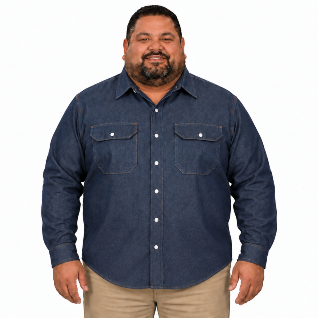 Camisa de mezclilla Red Kap SD78 para hombre talla extra azul marino, vista frontal desfajada