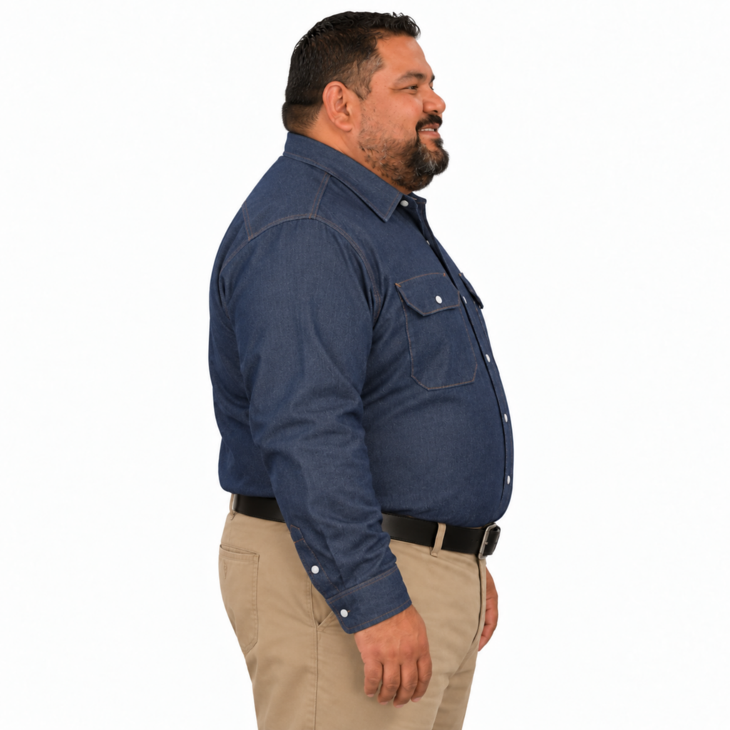 Camisa de mezclilla Red Kap SD78 para hombre talla extra azul marino, perfil derecho fajada
