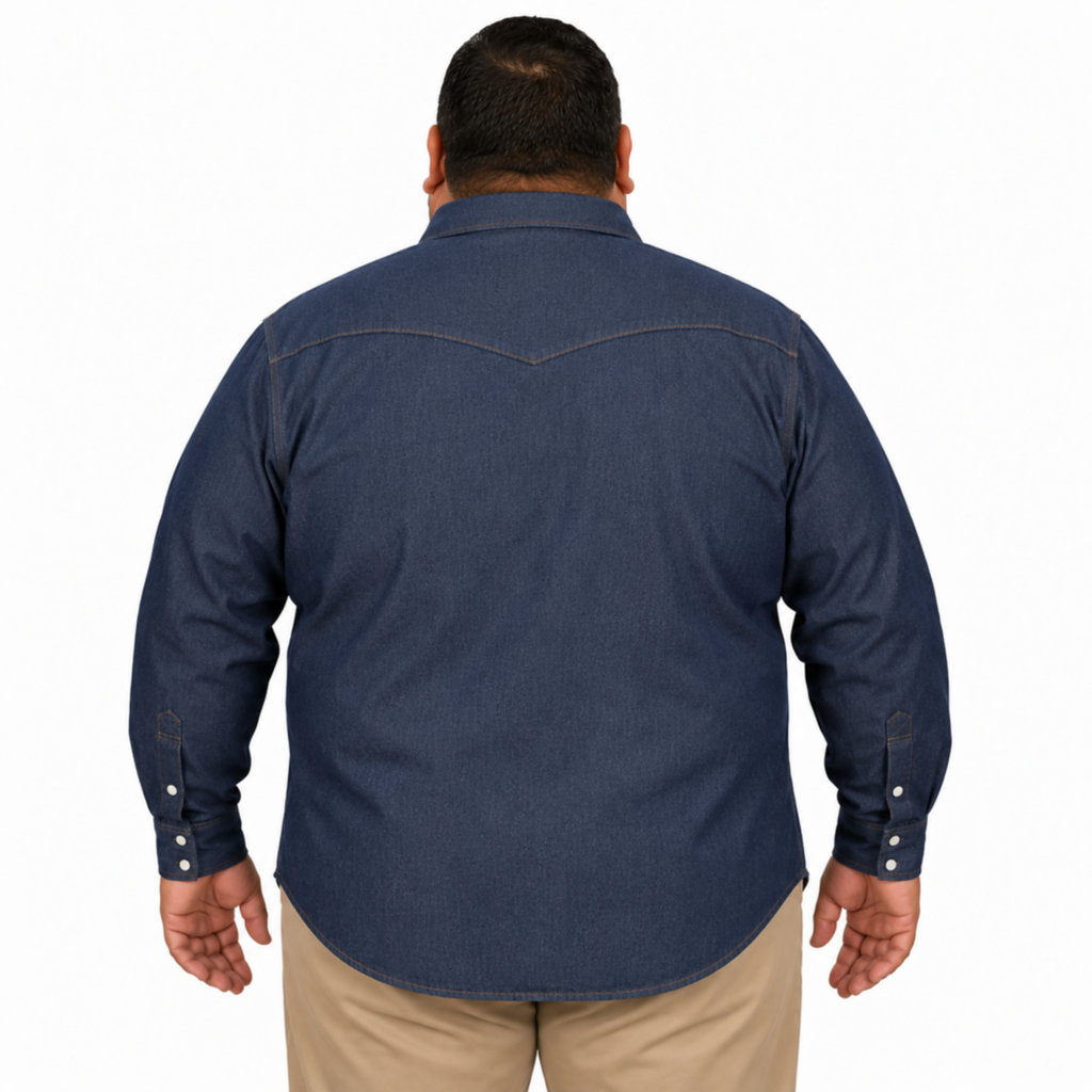 Camisa de mezclilla Red Kap SD78 para hombre talla extra azul marino, vista posterior desfajada
