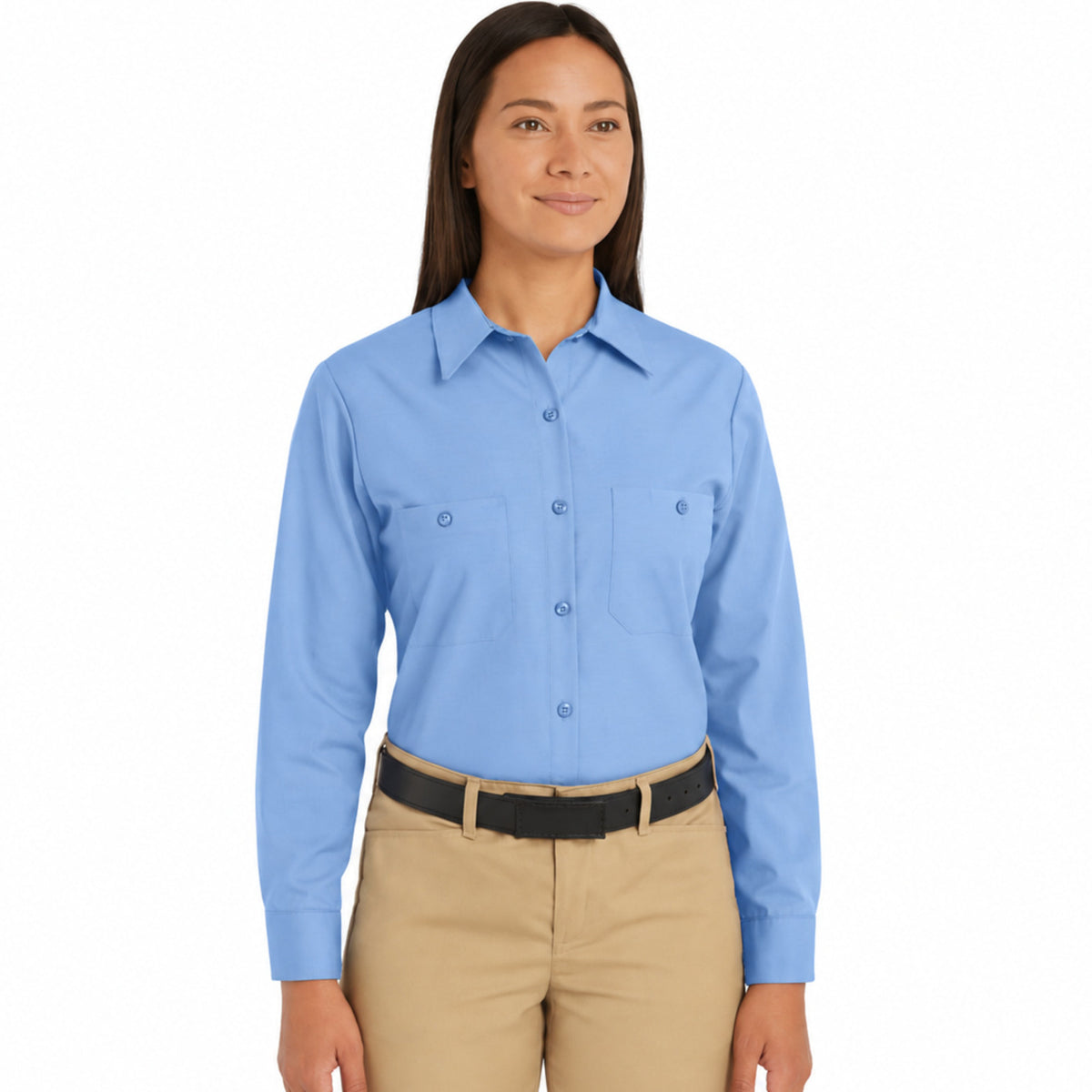Blusa de trabajo Red Kap SP13 para mujer Azul claro, vista frontal fajada | color:azul-claro
