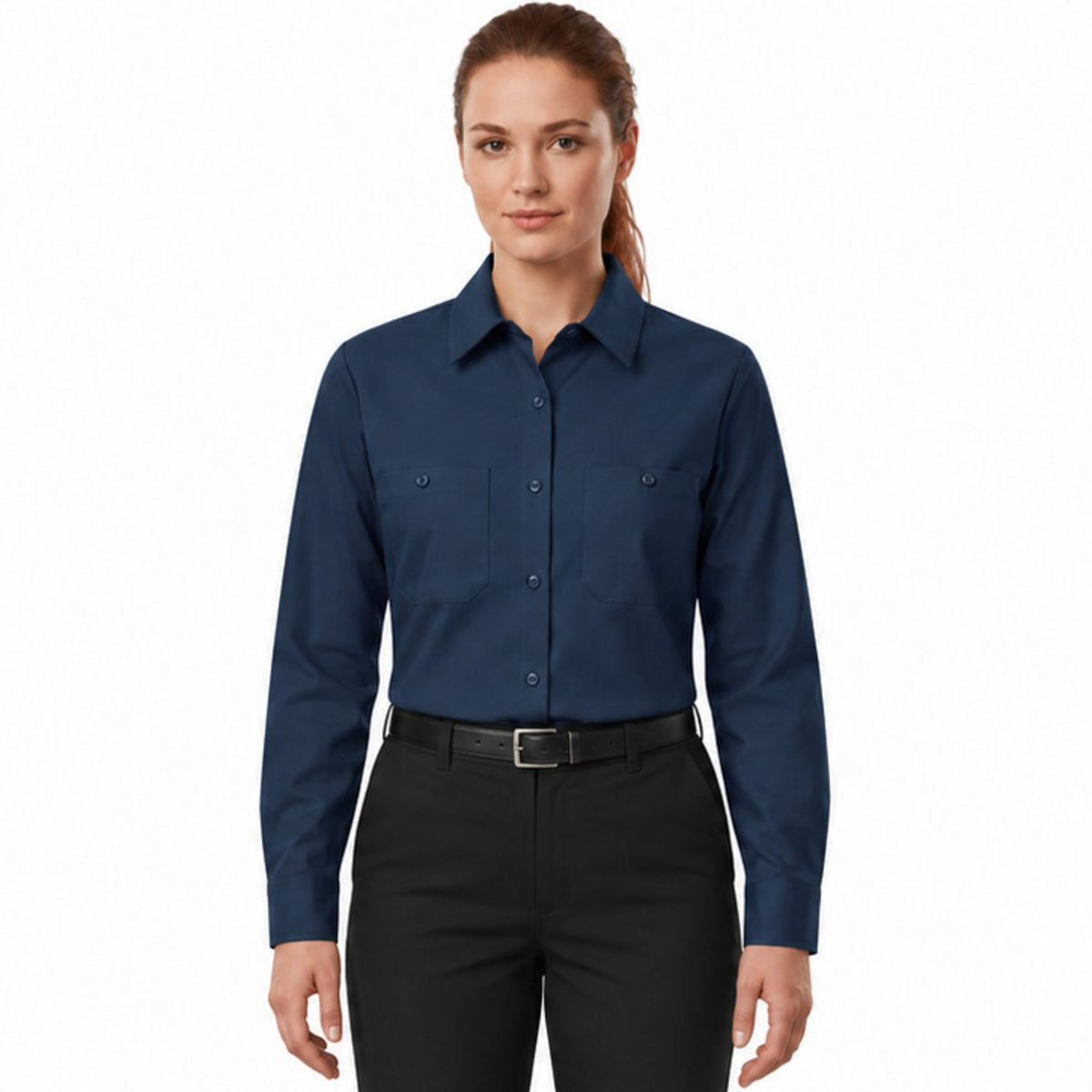 Blusa de trabajo Red Kap SP13 para mujer Azul marino, vista frontal fajada | color:azul-marino