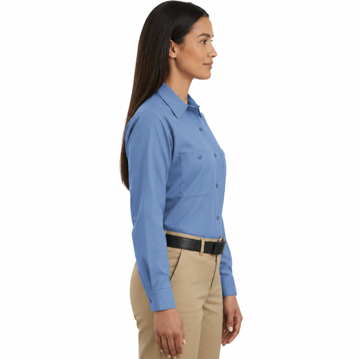 Blusa de trabajo Red Kap SP13 para mujer Azul, perfil derecho fajada | color:azul