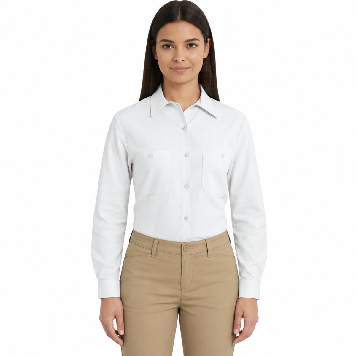 Blusa de trabajo Red Kap SP13 para mujer Blanca, vista frontal fajada | color:blanca