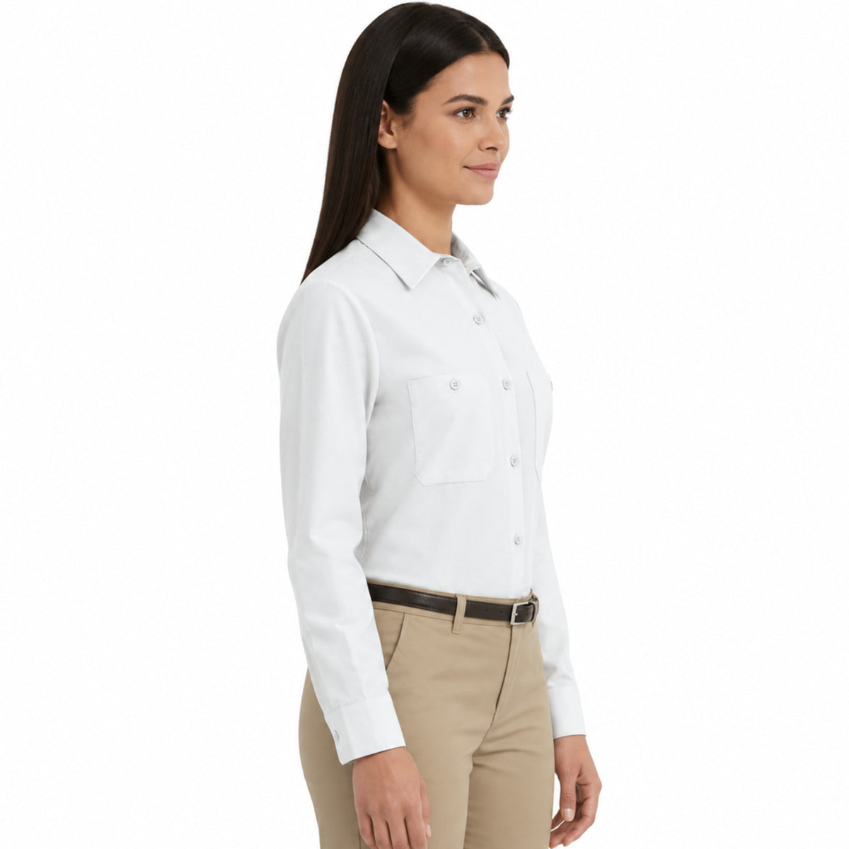 Blusa de trabajo Red Kap SP13 para mujer Blanca, perfil derecho fajada | color:blanca