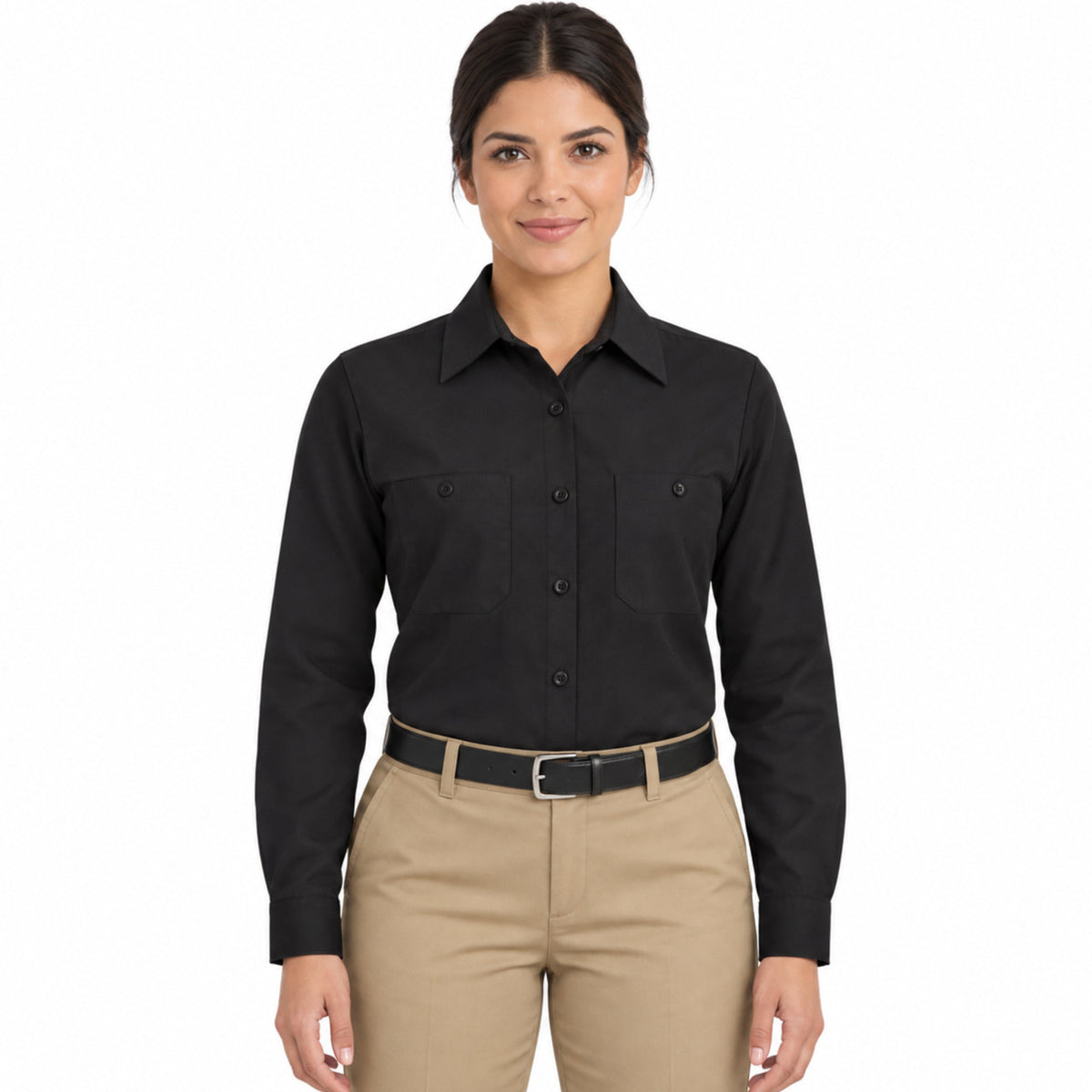Blusa de trabajo Red Kap SP13 para mujer Negra, vista frontal fajada | color:negra
