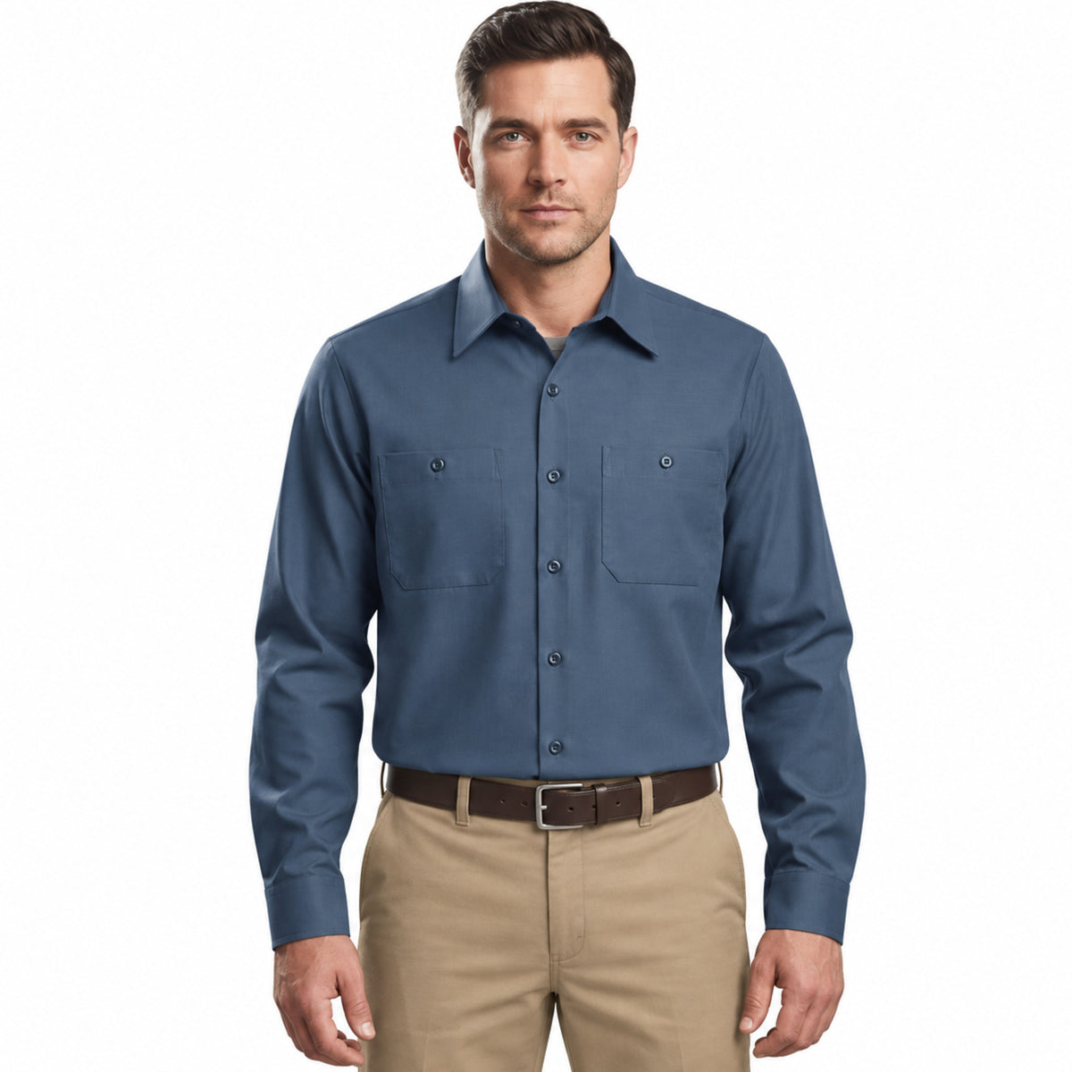 Camisa de trabajo Red Kap SP14 para hombre color azul acero, vista frontal fajada | color:azul-acero