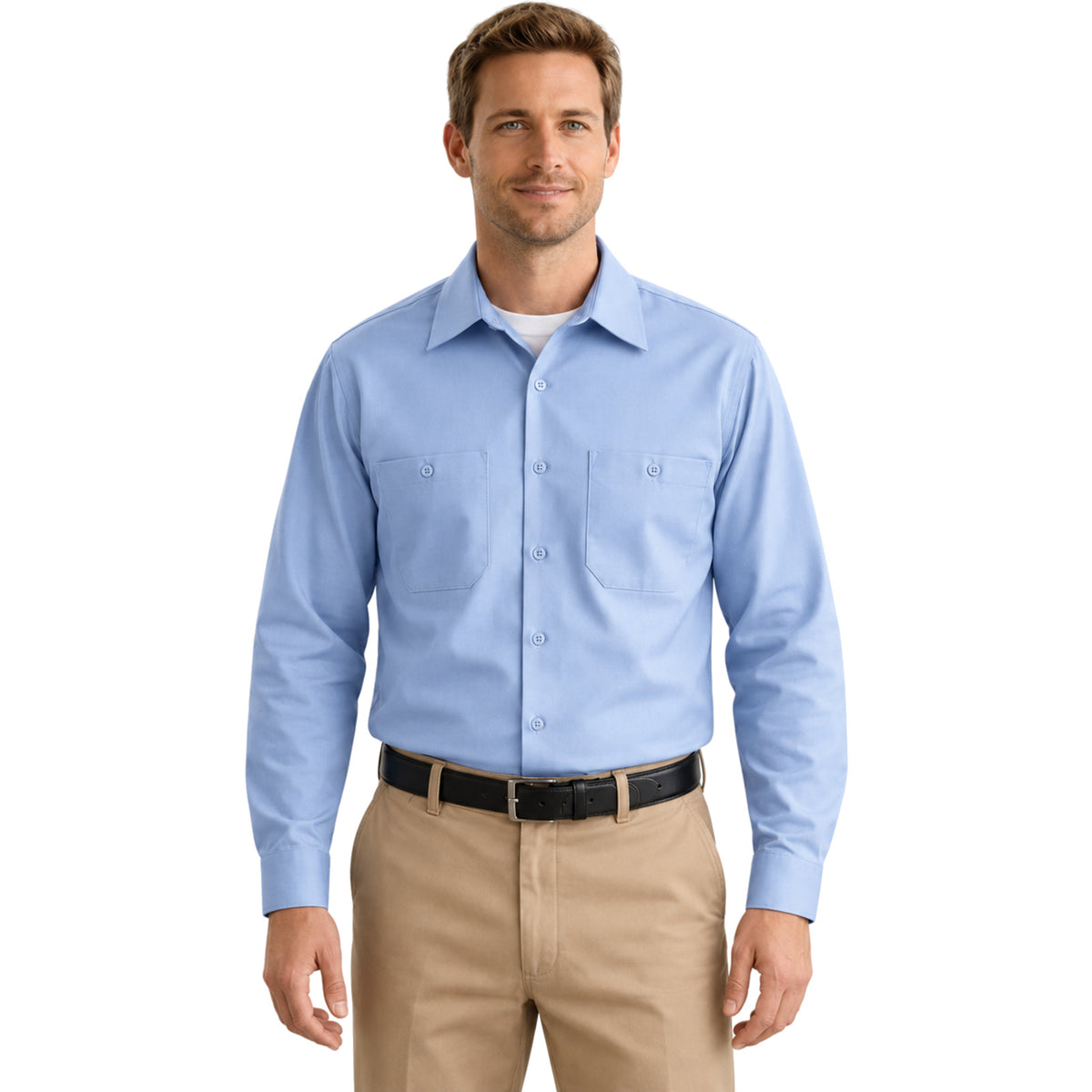 Camisa de trabajo Red Kap SP14 para hombre color azul cielo, vista frontal fajada | color:azul-cielo