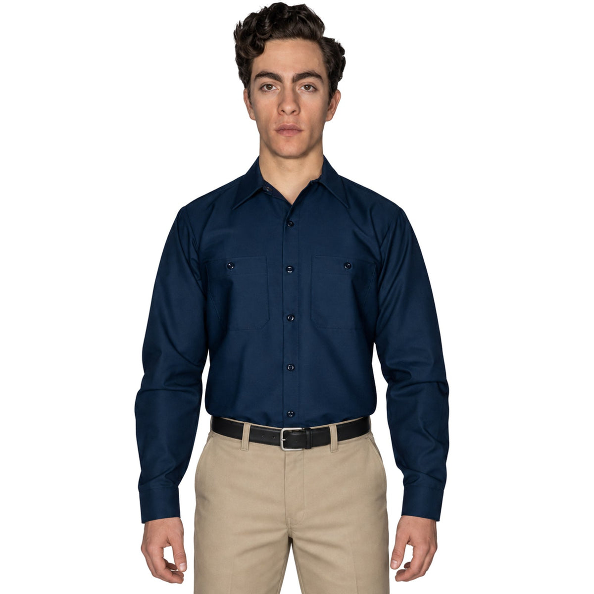 Camisa de trabajo Red Kap SP14 para hombre color azul marino, vista frontal fajada | color:azul-marino