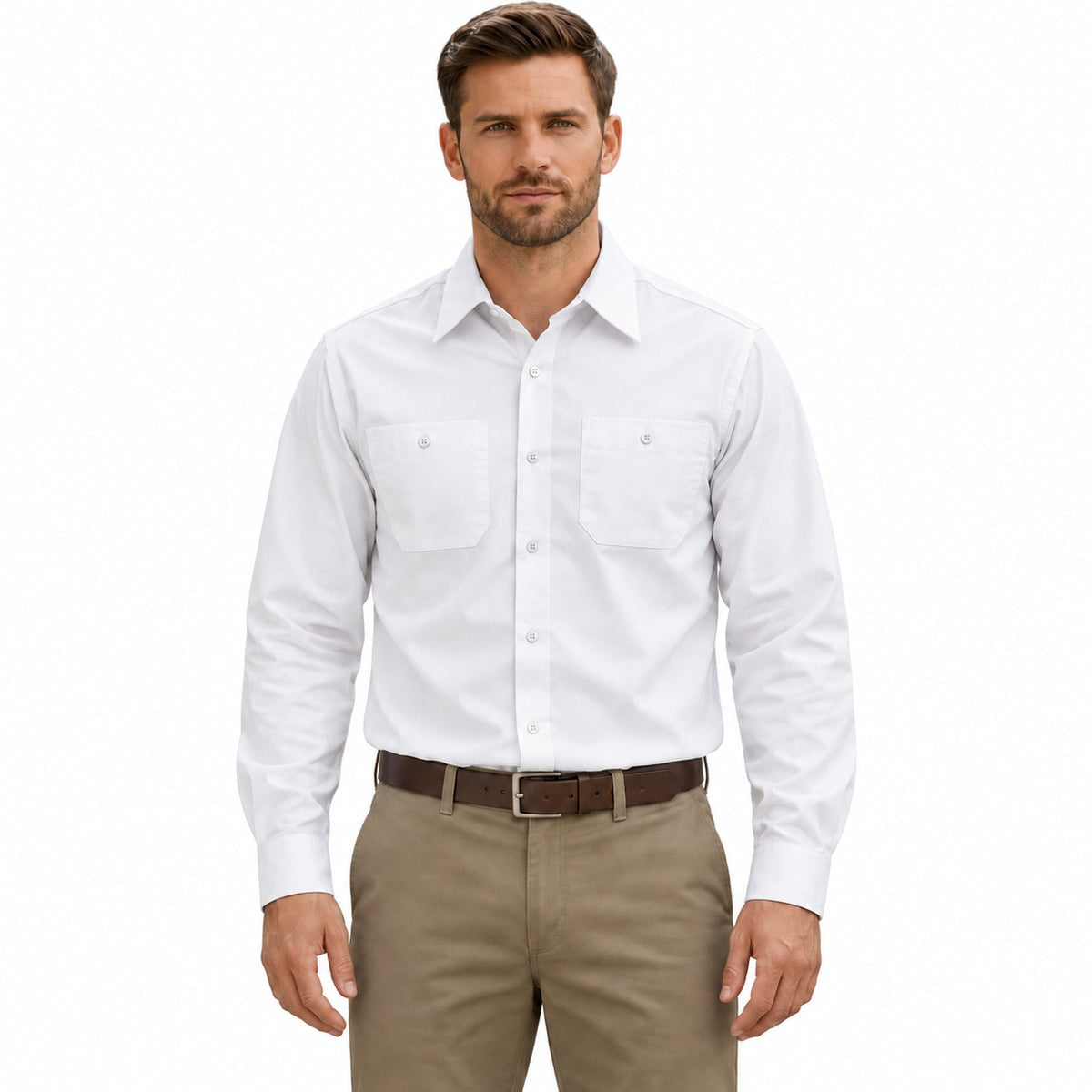 Camisa de trabajo Red Kap SP14 para hombre color blanca, vista frontal fajada | color:blanca